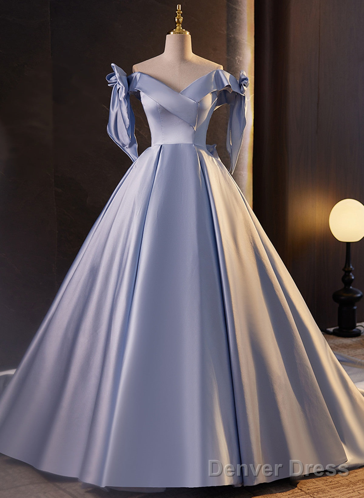 Glam Blue Satin Off Shoulder Long Prom Dress Prom Dress, Blue Sweet 16 Dresses