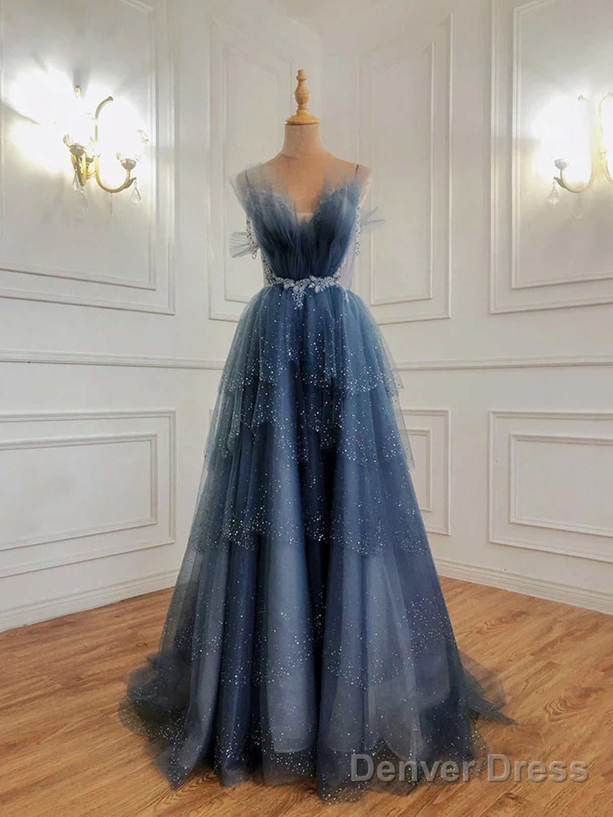 Glam Dark Blue Beaded Long Tulle Party Dress, Dark Blue Prom Dress Main image