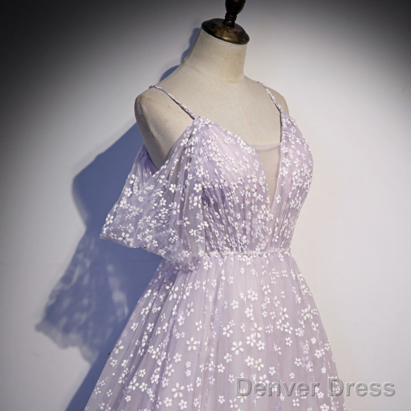 Glam Floral Tulle Off Shoulder Long Prom Dress Prom Dress, Tulle Wedding Prom Dresses