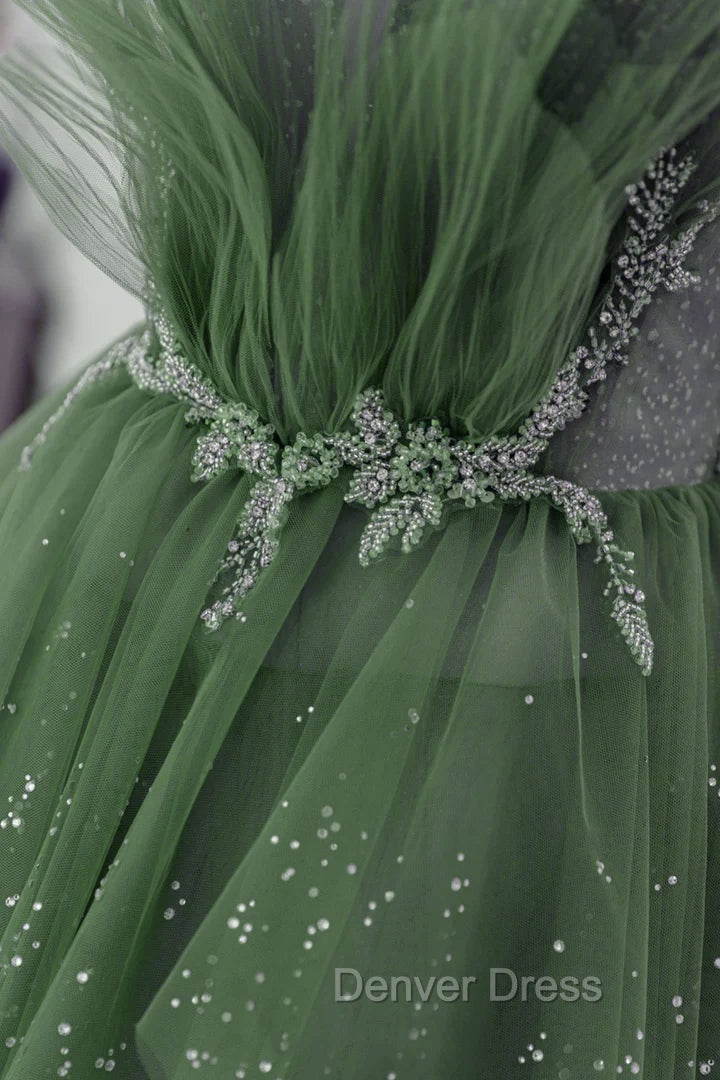 Glam Green Layers Tulle Straps Beaded Long Party Dresses, Green Long Formal Dresses