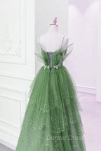 Glam Green Layers Tulle Straps Beaded Long Party Dresses, Green Long Formal Dresses