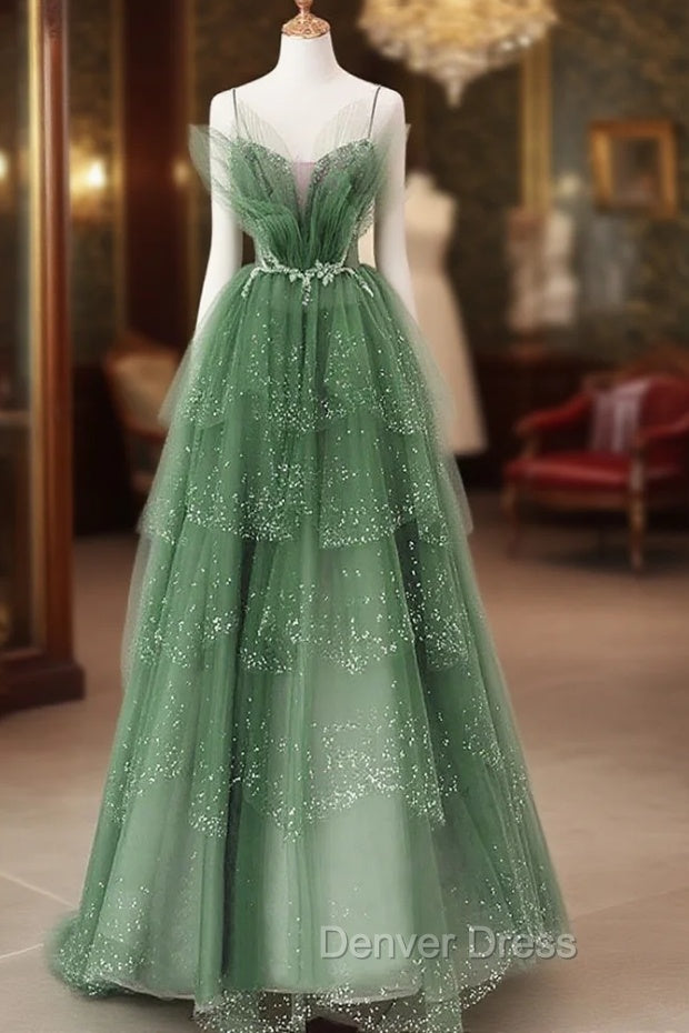 Glam Green Layers Tulle Straps Beaded Long Party Dresses, Green Long Formal Dresses Main image