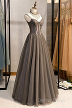 Glam Grey Beaded Tulle Long Prom Dress Prom Dress, A Line Straps Prom Dresses