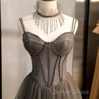Glam Grey Beaded Tulle Long Prom Dress Prom Dress, A Line Straps Prom Dresses