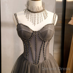 Glam Grey Beaded Tulle Long Evening Dress Party Dress, A-Line Straps Evening Formal Dresses