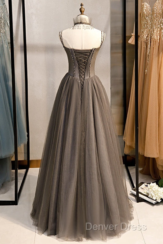 Glam Grey Beaded Tulle Long Prom Dress Prom Dress, A Line Straps Prom Dresses