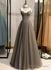 Glam Grey Beaded Tulle Long Evening Dress Party Dress, A-Line Straps Evening Formal Dresses