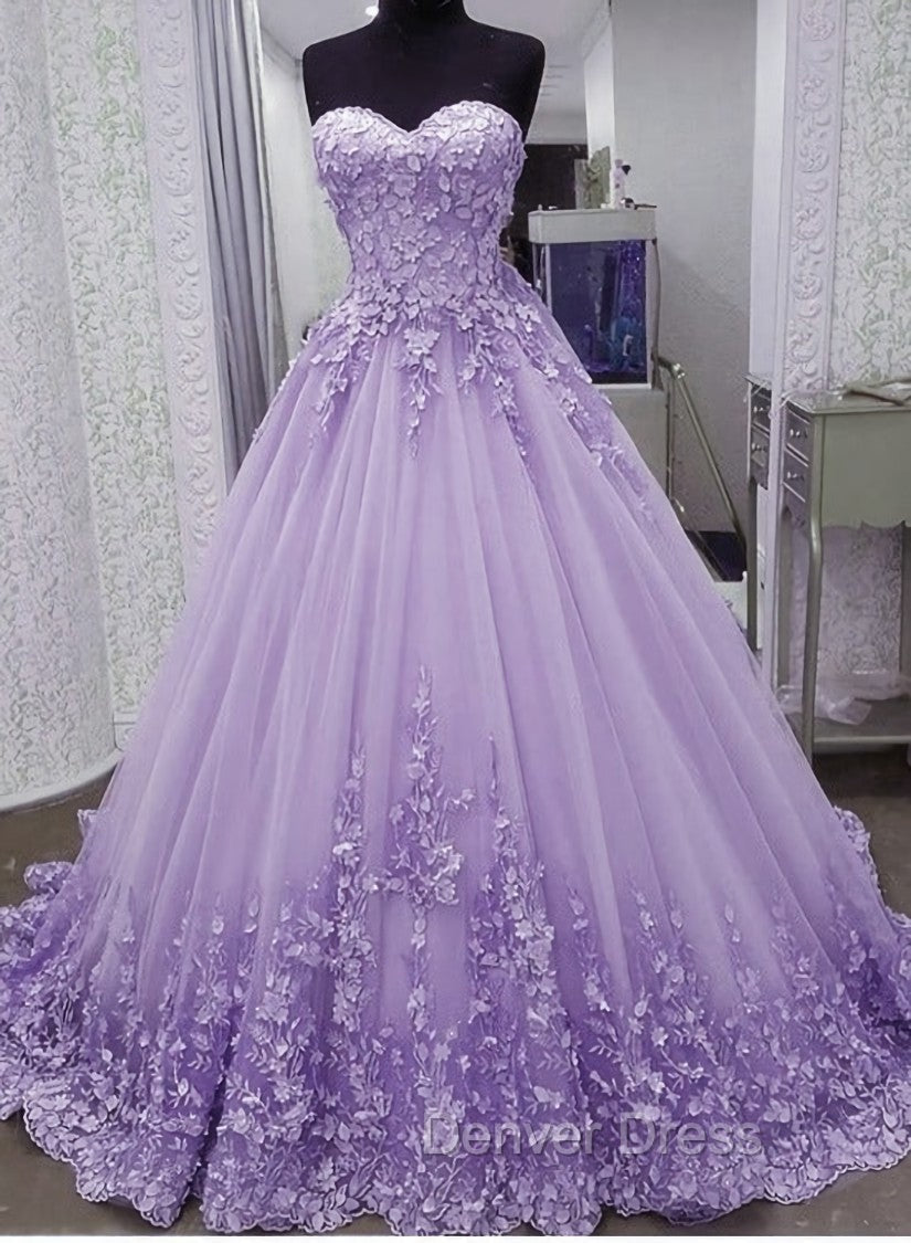 Glam Light Purple Sweet 16 Gown Tulle with Lace Applique, Lavender Tulle Formal Gowns Main image
