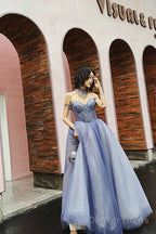 Glam Light Purple Tulle Beaded Sweetheart Long Prom Dress, A-Line Tulle Prom Dresses