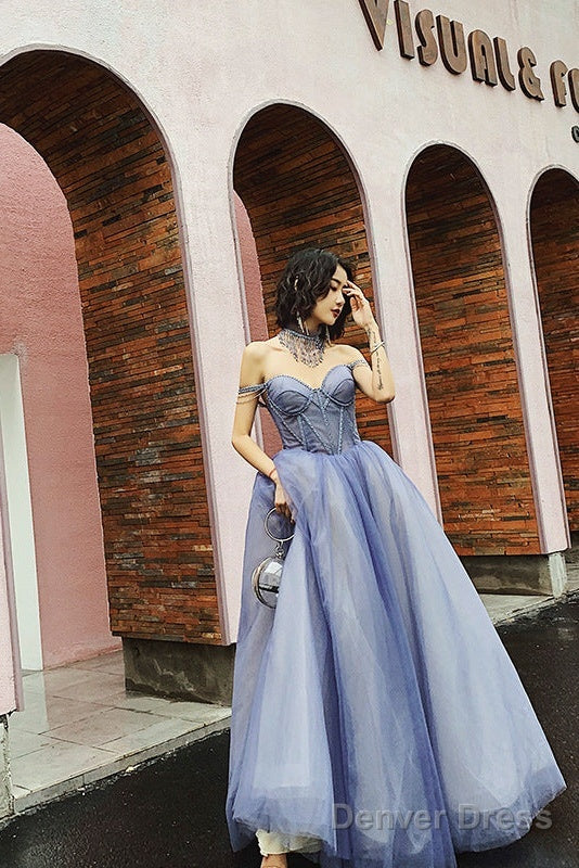 Glam Light Purple Tulle Beaded Sweetheart Long Prom Dress, A-Line Tulle Prom Dresses