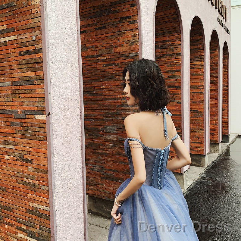 Glam Light Purple Tulle Beaded Sweetheart Long Prom Dress, A-Line Tulle Prom Dresses