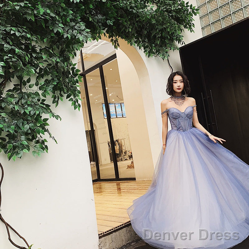 Glam Light Purple Tulle Beaded Sweetheart Long Prom Dress, A-Line Tulle Prom Dresses