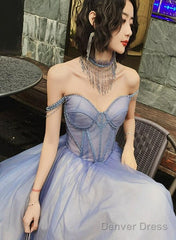 Glam Light Purple Tulle Beaded Sweetheart Long Party Dress, A-Line Tulle Formal Dresses