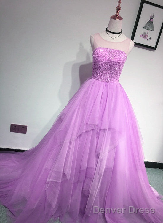 Glam Light Purple Tulle High Low Beaded Layers Party Dress, Formal Dress Main image