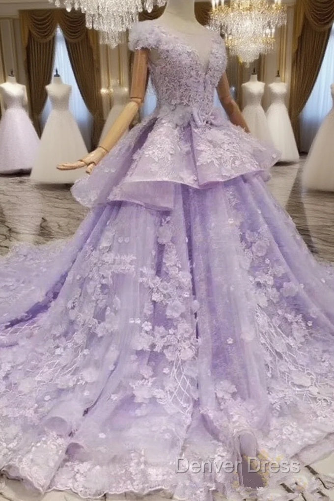 Glam Light Purple Tulle With Lace Applique Sweet 16 Dresses, Light Purple Prom Dresses Main image