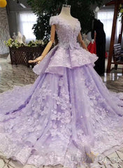 Glam Light Purple Tulle With Lace Applique Sweet 16 Dress, Light Purple Prom Dress