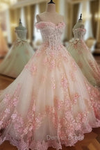 Glam Pink Flowers Tulle Off Shoulder Sweet 16 Dresses, Ball Gown Formal Dresses