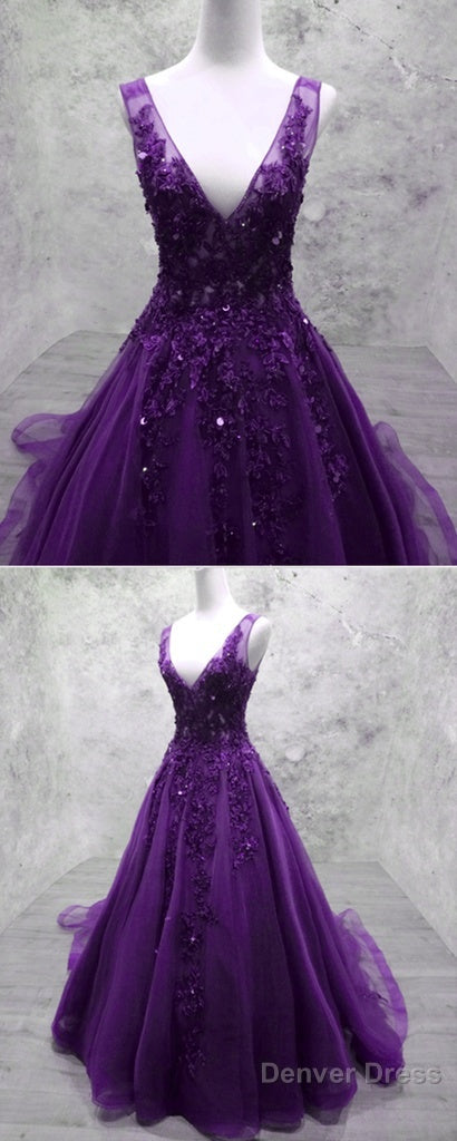 Glam Purple V-Neckline Tulle Beaded And Lace Formal Gown, Purple Long Prom Dresses Secondary image