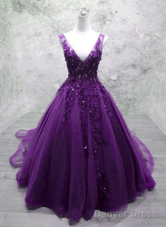 Glam Purple V-Neckline Tulle Beaded And Lace Formal Gown, Purple Long Prom Dresses Main image