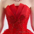 Glam Red Ball Gowns Tulle Sweet 16 Dress With Lace, Red Long Prom Dress