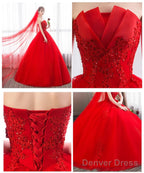 Glam Red Ball Gowns Tulle Sweet 16 Dress With Lace, Red Long Prom Dress