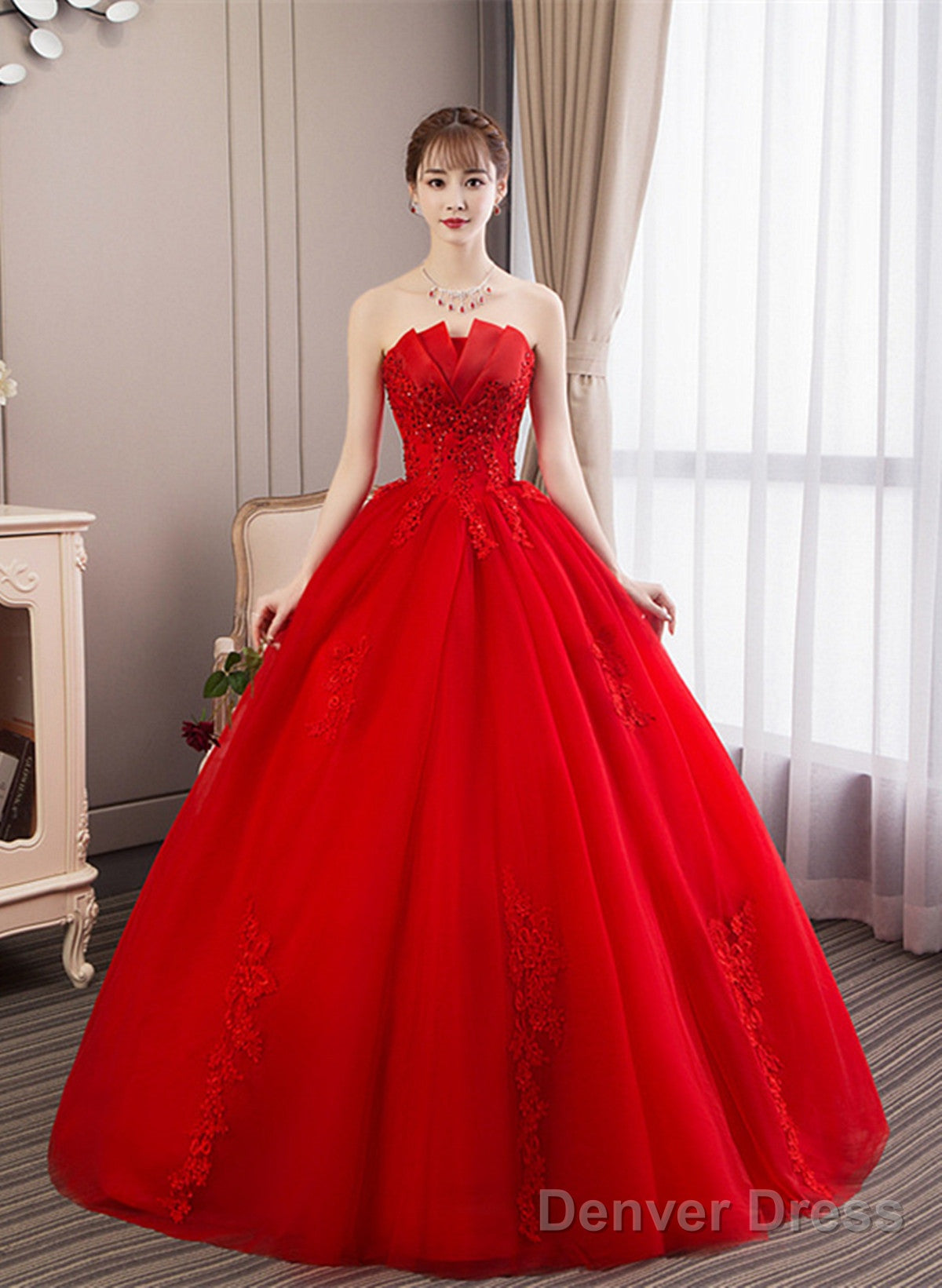 Glam Red Ball Gown Tulle Sweet 16 Dress With Lace, Red Long Formal Dress Party Dress Main image