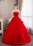 Glam Red Ball Gowns Tulle Sweet 16 Dress With Lace, Red Long Prom Dress
