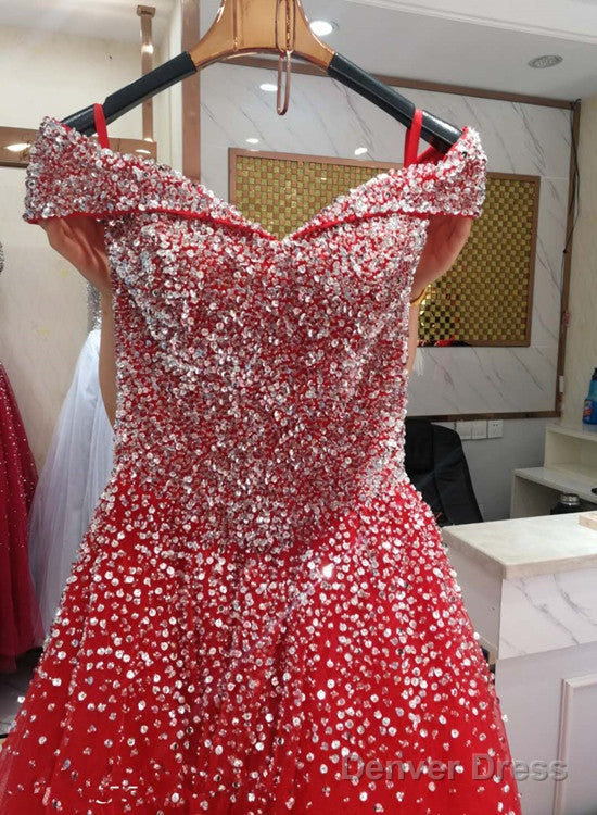 Glam Sparkle Handmade Sequins Long Prom Dresses, Off Shoulder Prom Gowns