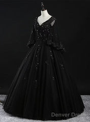 Glam Tulle With Lace Applique Ball Gown Sweet 16 Dress, Beaded Prom Dresses Evening Dress