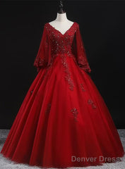 Glam Tulle With Lace Applique Ball Gown Sweet 16 Dress, Beaded Prom Dresses Evening Dress