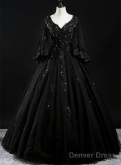 Glam Tulle With Lace Applique Ball Gown Sweet 16 Dress, Beaded Prom Dresses Evening Dress