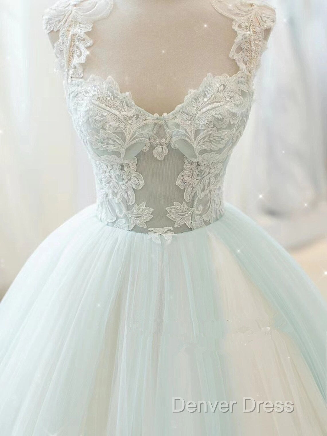 Glam White And Mint Green Tulle With Lace Party Dresses, Straps Formal Dresses Evening Dresses Secondary image