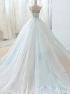 Glam White And Mint Green Tulle With Lace Prom Dress, Straps Prom Dress