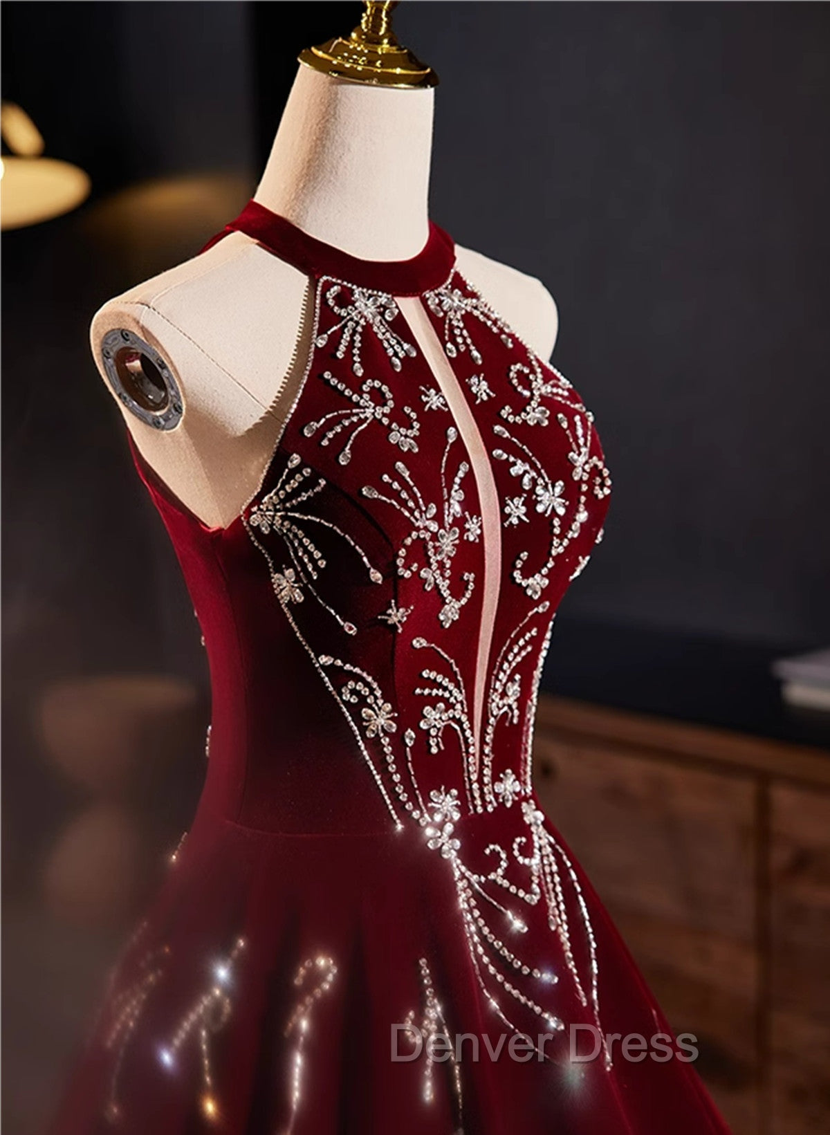 Glam Wine Red Beaded Velvet Halter Prom Dress, Wine Red Velvet Prom Dresses Secondary image