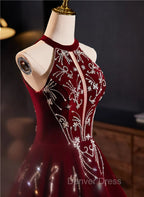 Glam Wine Red Beaded Velvet Halter Prom Dress, Wine Red Velvet Prom Dresses