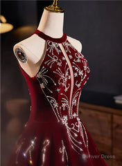Glam Wine Red Beaded Velvet Halter Evening Dress, Wine Red Velvet Prom Dress