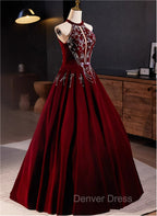 Glam Wine Red Beaded Velvet Halter Prom Dress, Wine Red Velvet Prom Dresses