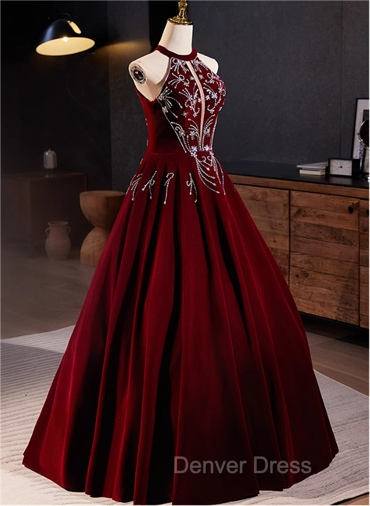 Glam Wine Red Beaded Velvet Halter Prom Dress, Wine Red Velvet Prom Dresses