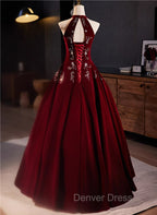 Glam Wine Red Beaded Velvet Halter Prom Dress, Wine Red Velvet Prom Dresses