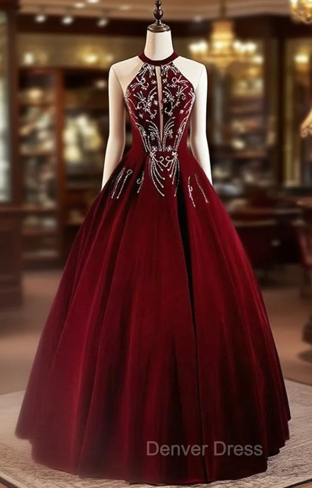 Glam Wine Red Beaded Velvet Halter Prom Dress, Wine Red Velvet Prom Dresses