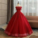 Glam Wine Red Quinceanera Dress Prom Dress, Tulle Long Embroidered with Flowers Prom Dresses