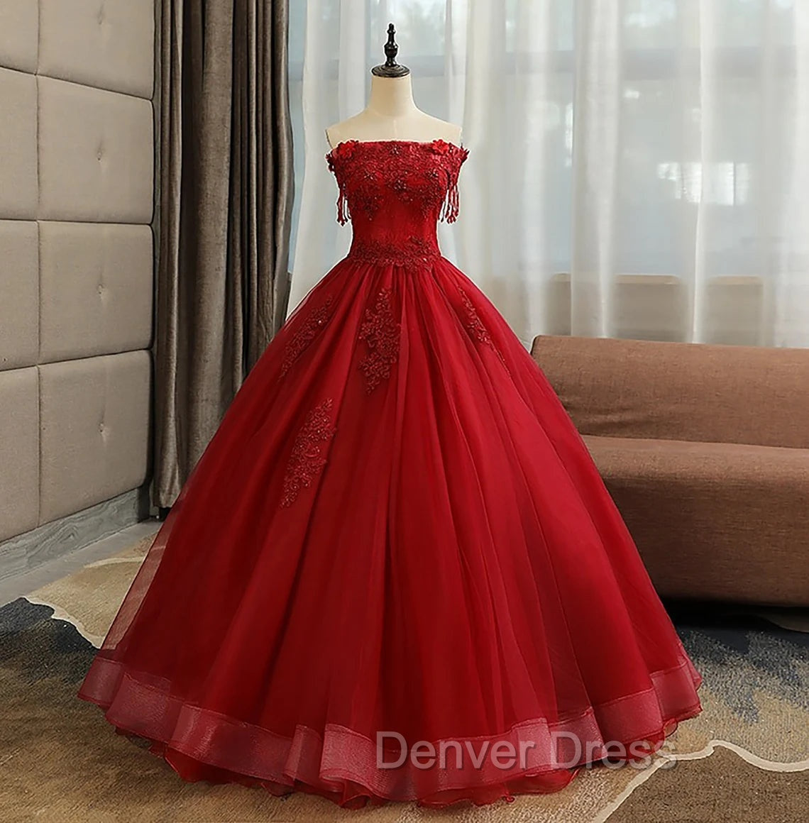 Glam Wine Red Quinceanera Dress Prom Dress, Tulle Long Embroidered with Flowers Prom Dresses