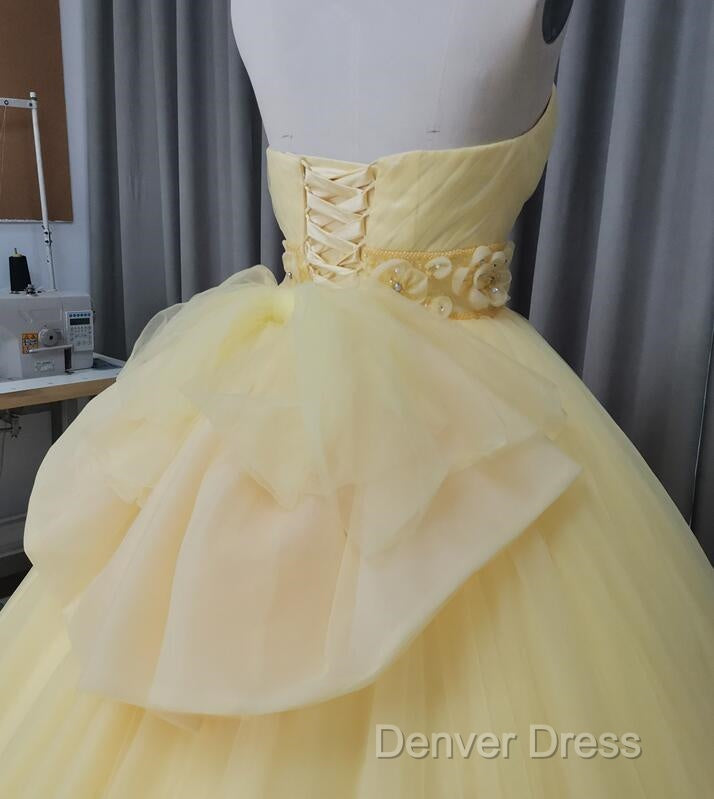 Glam Yellow Sweetheart Flowers Sweet 16 Gowns, Yellow Prom Gowns