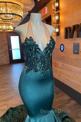Glamorou V-Neck Sleeveless Halter Mermaid Prom Dresses With Beading