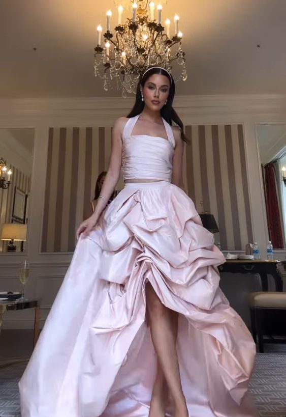 Glamorous 2 Pieces Light Pink Satin Long Prom Dresses Secondary image