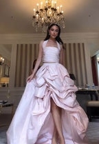 Glamorous 2 Pieces Light Pink Satin Long Prom Dresses