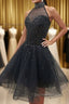 Glamorous A Line High Neck Beaded Tulle Short Black Prom Dress, Beaded Black Homecoming Dress, Black Short Prom Graduation Prom Dresses
