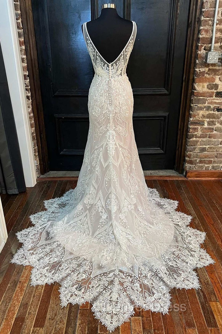 Glamorous Beige Lace V-Neck Backless Mermaid Long Wedding Dresses Sexy Secondary image