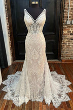 Glamorous Beige Lace V Neck Backless Mermaid Long Wedding Dresses Sexy