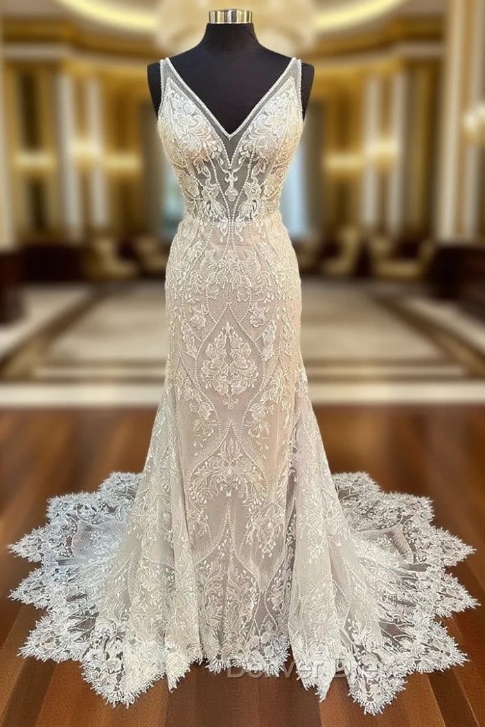 Glamorous Beige Lace V-Neck Backless Mermaid Long Wedding Dresses Sexy